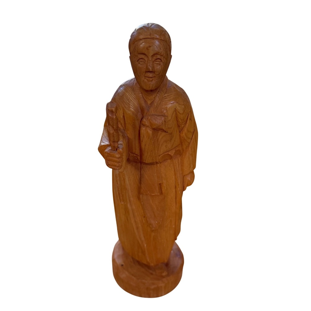 Vintage Korean Hand Carved Wood Figurine Man in Traditional Hanbok Folk Art
